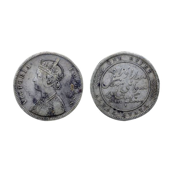 Alwar, U50-503 Mangal Singh (AH 1291-1310; 1874-1892 AD), Silver Rupee, Calcutta Mint, with the name