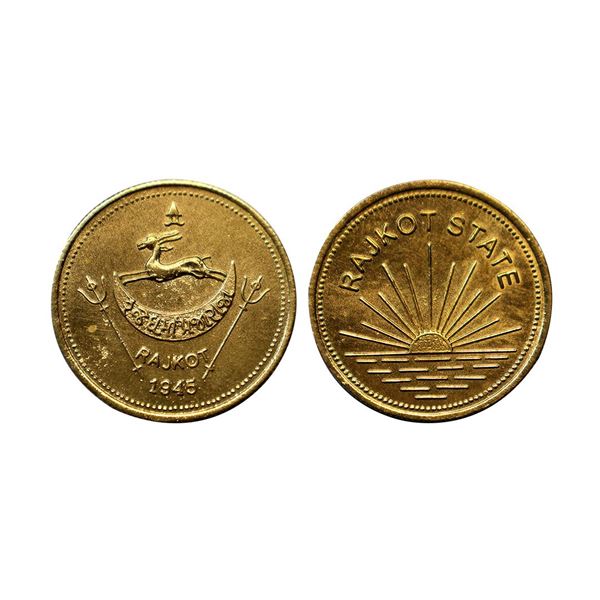 Rajkot, Dharmendra Singhji (1930-1948 AD), gold mohur, 1945, KM X1, 7.88g. Obv: Legend Rajkot State