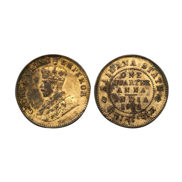 Sailana, Jaswant Singh (1890-1919 AD), copper ¼ anna, 1912 AD, KM 16, 4.86g.