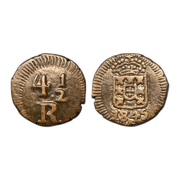 Portuguese India, D. Maria II (1834-1853), Copper 4 ½ Reis, 2.74 gms.