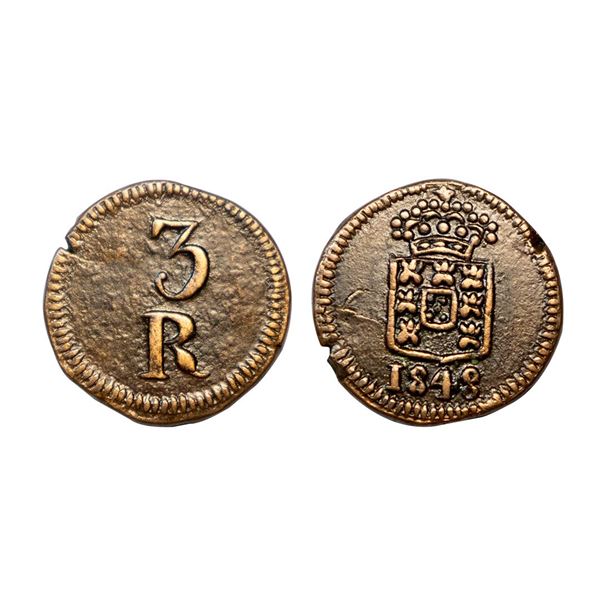 Portuguese India, D. Maria II (1834-1853), Copper 3 Reis, 1.96 gms.