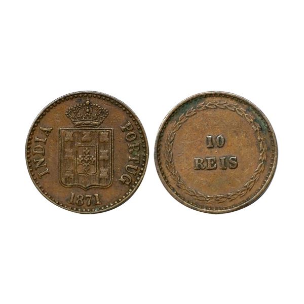 Portuguese India, colonial coinage, Goa, AD 1871, copper 10 Reis, KM 303.