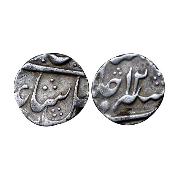 Murshidabad mint, silver ¼ rupee (4 anna) in the name of Shah Alam II, RY 12 with 4/3 dot combinatio