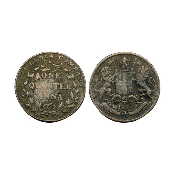 East India Company, Copper ¼ anna, 1835, 30 Berries (15L+15R), large loop to the ribbon bow, (PR 140