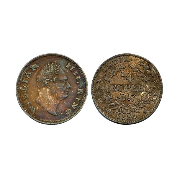 William IIII King, silver ¼ rupee, 1835, 'F' incused, no dot after date, (PR 89).Toned, About Uncirc