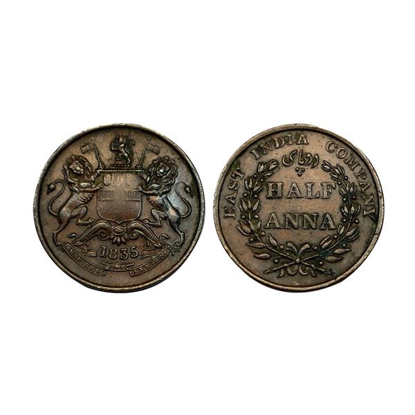 William IIII King, copper ½ anna, 1835,Bombay mint, 12.82 g, large diamonds above HALF. (PR 131). Ab