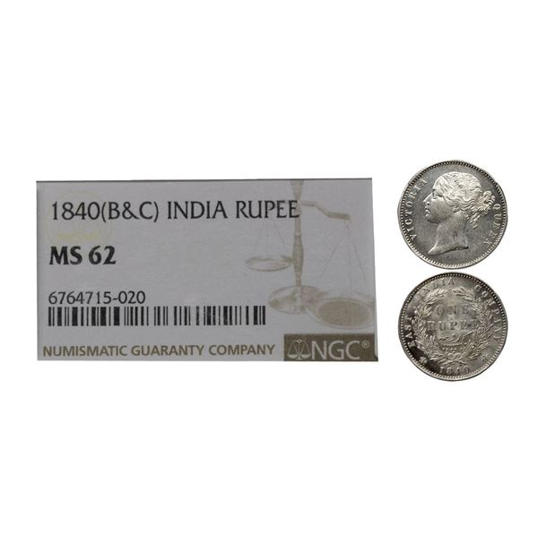 Victoria Queen, divided legend, silver rupee, 1840, Calcutta/Bombay mint, W.W. raised, 28 berries.NG