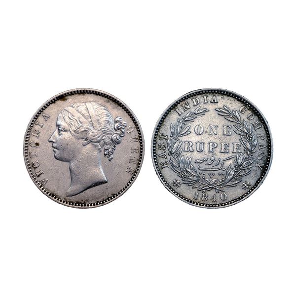 Victoria Queen, silver rupee, 1840, divided legend, Madras mint, WWS raised, 28 Berries, PR 59.