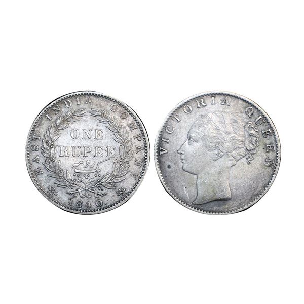 Victoria Queen, continuous legend, silver rupee, 1840, Calcutta mint, modified features, English hea