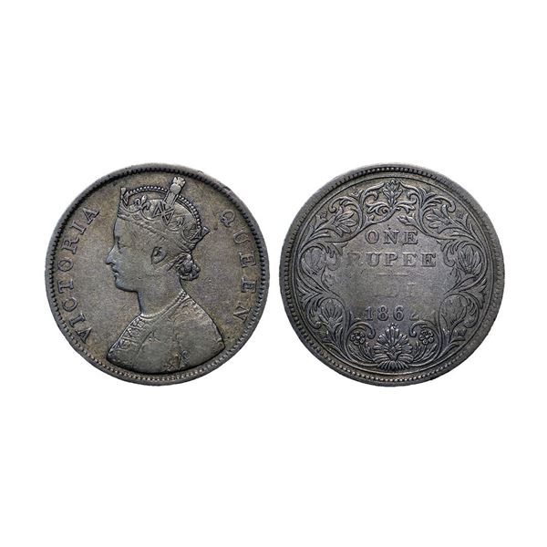 Victoria Queen, Silver Rupee, 1862, B/II, 0/4 (3+1) dots.