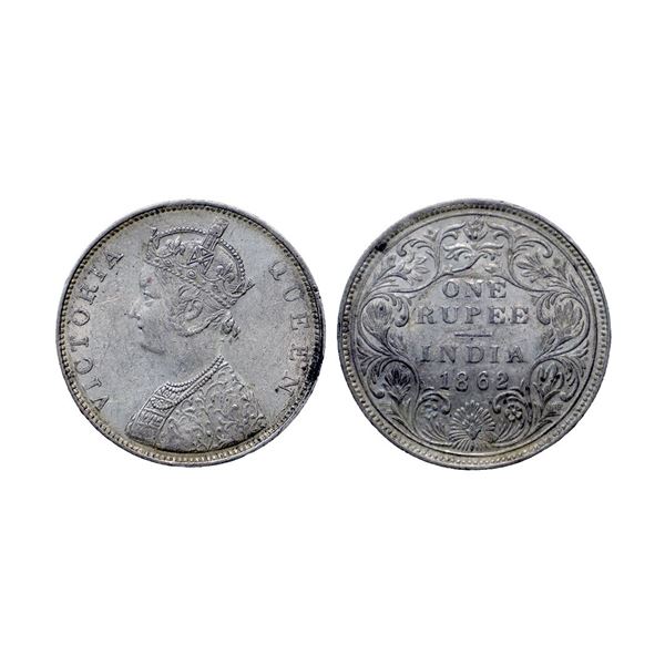 Victoria Queen, Silver Rupee, 1862, Calcutta Mint, B/II, 4, Pineapple buds variety.