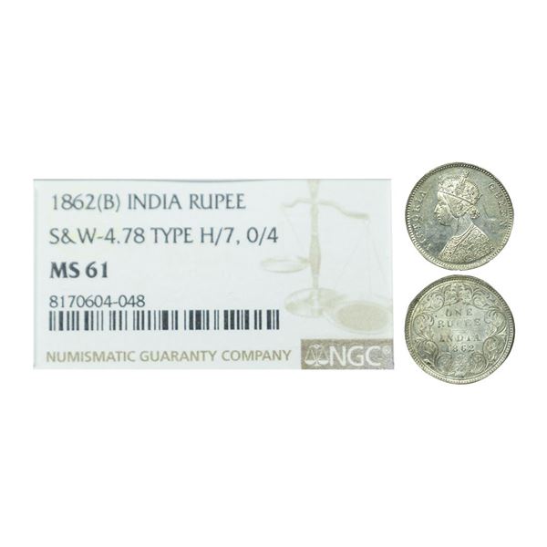 Victoria Queen, Silver Rupee, 1862, H/7, 0/4 Dots, Graded MS61 by NGC, Rare.