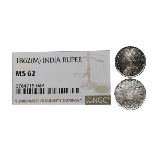 Victoria Queen, silver rupee, 1862, Madras mint, elongated pearls on both arches of the crown, PR 57