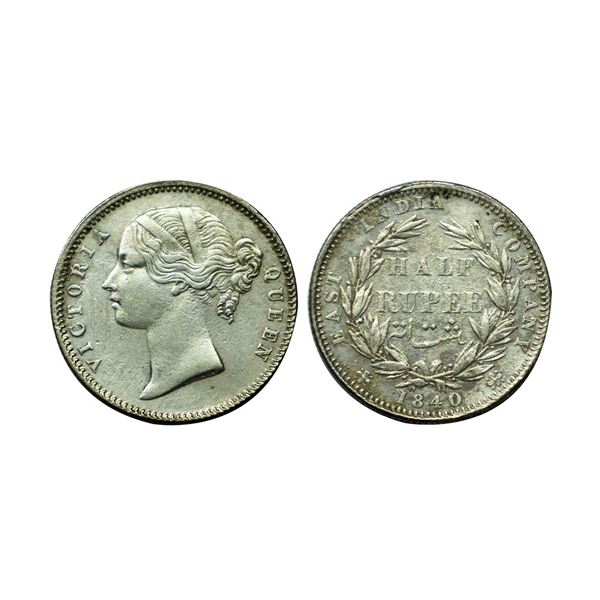 Victoria Queen, divided legend, silver ½ rupee, 1840, Calcutta/Bombay mint