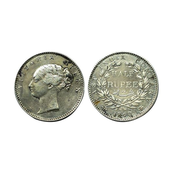 Victoria Queen, silver ½ rupee, 1840, continuous legend, Bombay mint