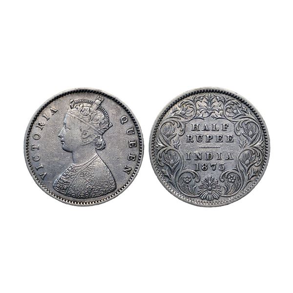 Victoria Queen, Silver ½ Rupee, 1875, Calcutta Mint, A / I No mint mark, (Prid 260).