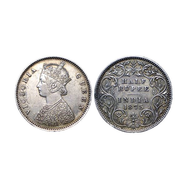 Victoria Queen, Silver ½ Rupee, 1875, Calcutta Mint, A / I No mint mark, (Prid 260).