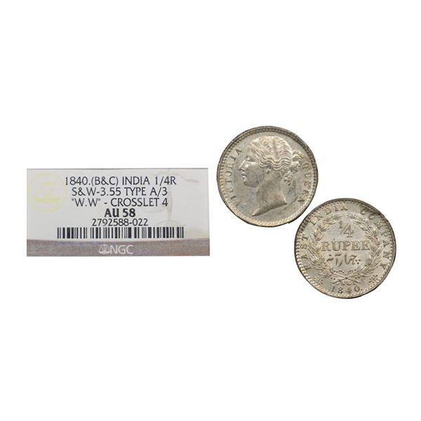 Victoria Queen, Mule, silver ¼ rupee, 1840, divided Legend, Calcutta mint, Mule, WW raised, Crosslet