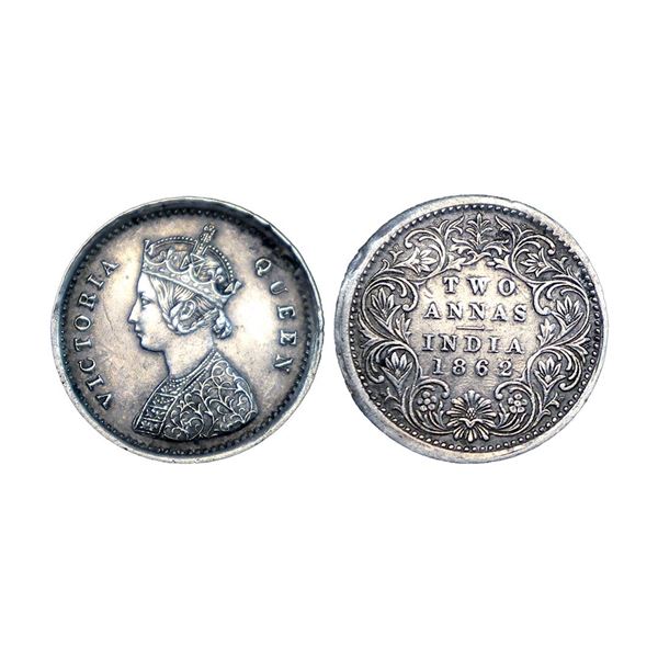 Victoria Queen, error, Silver 2 annas, 1862, Misaligned Die (MAD), Calcutta Mint