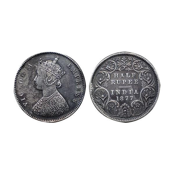 Victoria Empress, Silver ½ Rupee, 1877, Calcutta Mint, A / I, No mint mark (Prid 261).