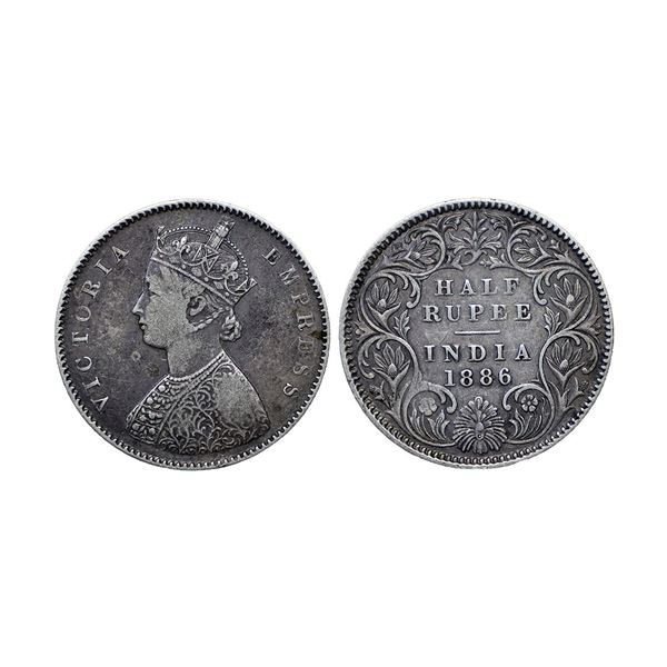 Victoria Empress, Silver ½ Rupee, 1886, Calcutta Mint, A / I / C incuse (Prid 270).