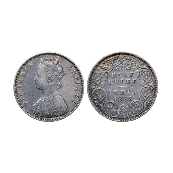 Victoria Empress, Silver ½ Rupee, 1892, Bombay Mint, A / I / B incuse (Prid 302).