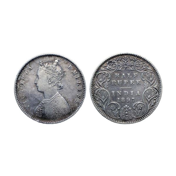 Victoria Empress, Silver ½ Rupee, 1897, Bombay Mint, A / I / B incuse (Prid 305).