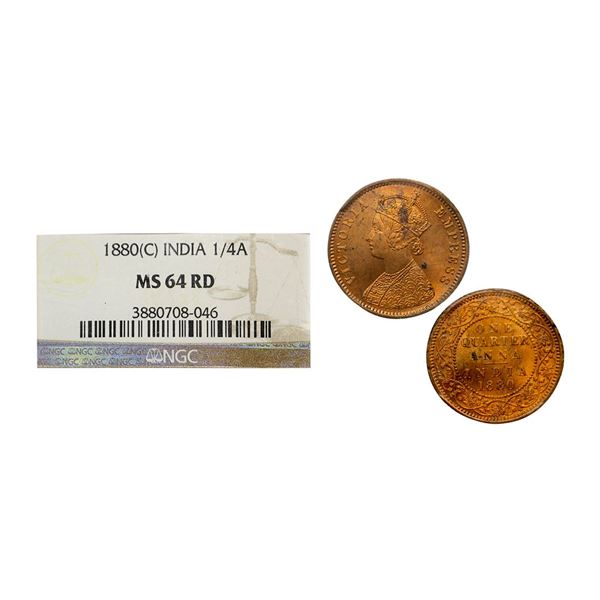 Victoria Empress, Copper ¼ Anna, 1880, Calcutta Mint, (Prid 614). Graded by NGC MS64RD.