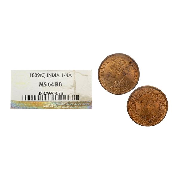 Victoria Empress, Copper ¼ Anna, 1889, Calcutta Mint (Prid 622). Graded by NGC MS64RB