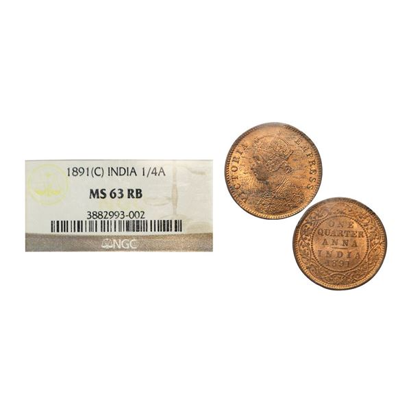 Victoria Empress, Copper ¼ Anna, 1891, Calcutta Mint (Prid 624). Graded by NGC MS63 RB.