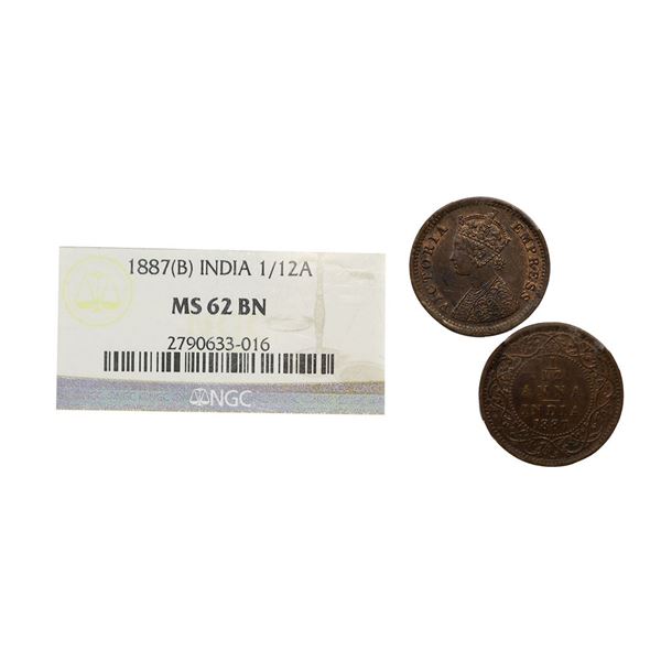 Victoria Empress, Copper, 1/12 Anna, 1887, Bombay Mint, Obv A, No mint mark. F. Prid 814. GK 904. NG