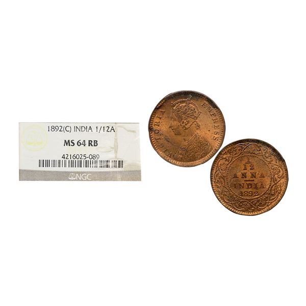 Victoria Empress, Copper 1/12 Anna, 1892, Calcutta Mint (Prid 797). Graded by NGC MS64RB.
