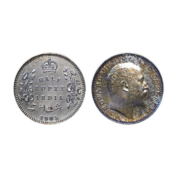 Edward VII, silver 1/2 Rupee, 1905, Bombay Mint, Dot in Stem, PR # 309, About Uncirculated, Rare.