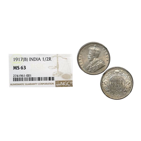 George V, Silver ½ Rupee, 1917, Bombay Mint (Prid 341). Graded by NGC MS63.