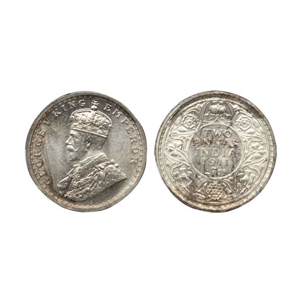 George V, silver 2 annas, 1911, Calcutta mint, no dot, pig type, PR 564; GK 1107. NGC graded MS64,