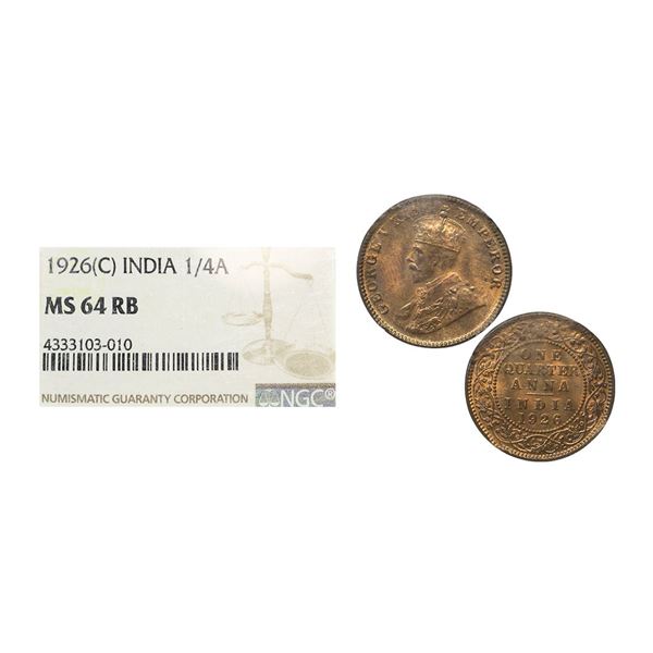 George V, Copper ¼ Anna, 1926, Calcutta Mint, no dot, (Prid 667), Graded by NGC MS64RB.