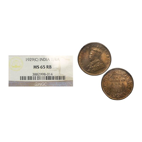 George V, Copper ¼ anna, 1929, Calcutta mint, (Prid 670). Graded by NGC MS65RB.