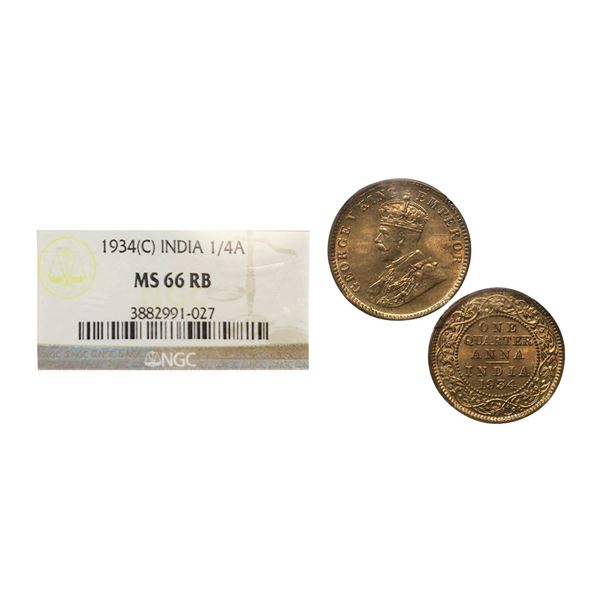 George V, Copper ¼ Anna, 1934, Calcutta Mint (KM 512). Graded by NGC MS66RB.