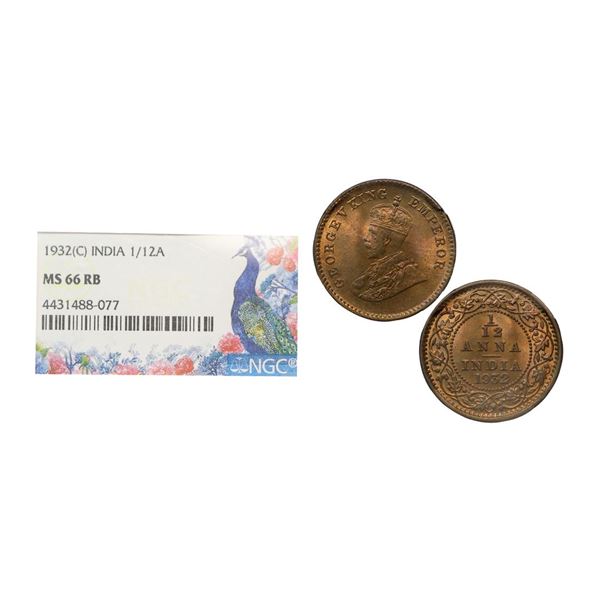 George V, Copper 1/12 Anna, 1932, Calcutta Mint (Prid 846). Graded by NGC MS66RB.