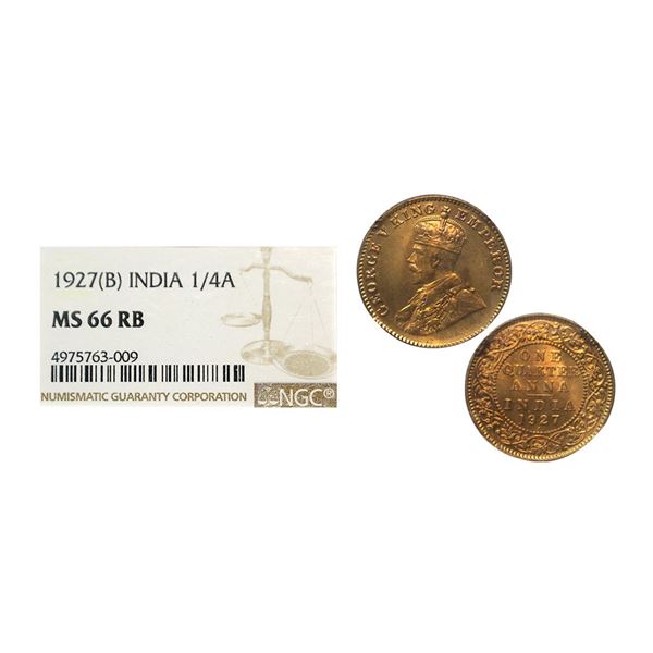 George V, Bronze, 1/4 Anna, 1927, Bombay Mint, Dot. F. Prid 680. GK 1185. NGS Slab MS 66 RB. Rare.