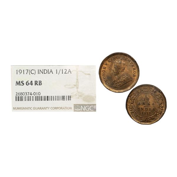 George V, Bronze 1/12 Anna, 1917, Calcutta Mint, (Prid 832). Graded by NGC MS64RB.