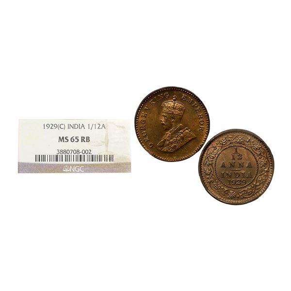 George V, Bronze 1/12 anna,1929, Calcutta Mint, (Prid 859). Graded by NGC MS65RB.