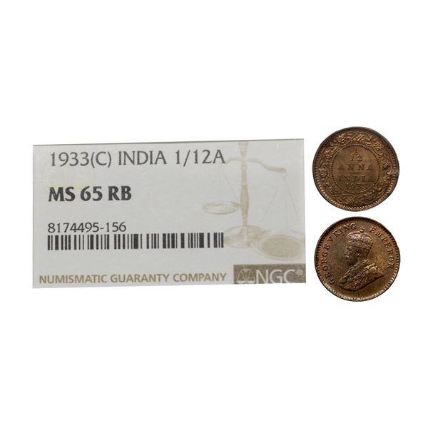 George V, Bronze, 1/12 Anna, 1933, Calcutta Mint, Graded MS65 RB