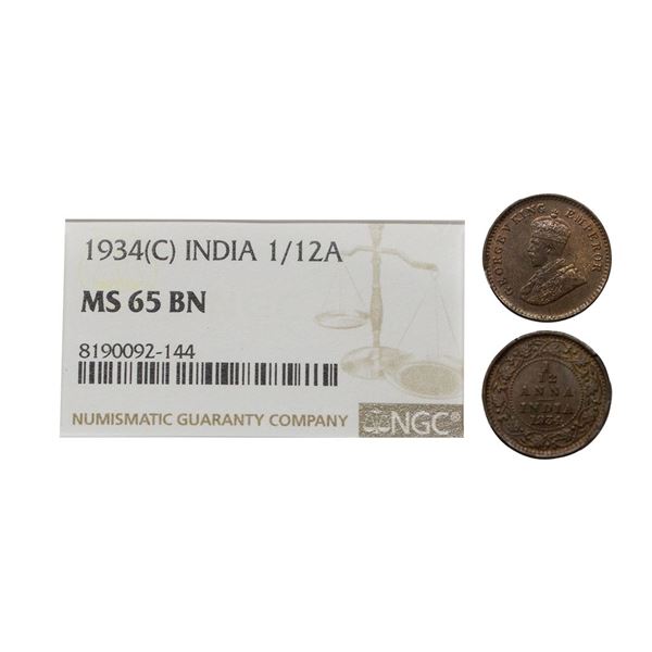 George V, Bronze, 1/12 Anna, 1934, Calcutta Mint, Graded MS65 BN