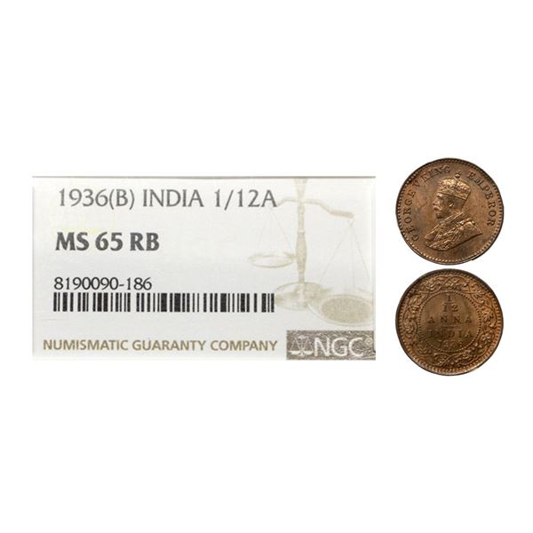 George V, Bronze, 1/12 Anna, 1936, Bombay Mint, Graded MS65 RB