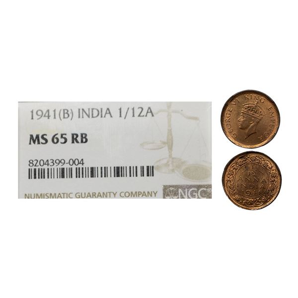 George V, Bronze, 1/12 Anna, 1941, Bombay Mint, Graded MS65 RB By NGC.