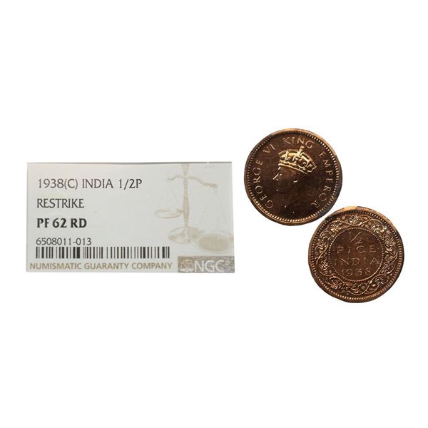 George VI, copper ½ pice, Proof re-strike, 1938, Calcutta mint, PR 770. Graded as PF 62 RD by NGC