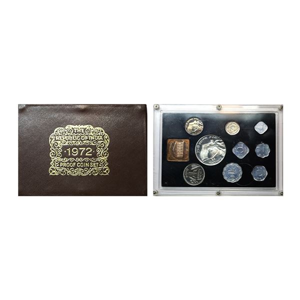 1972, 25th Anniversary of Independence, Proof set of 9 coins, 10 rupees, 1 rupee, 50 paise, 25 paise