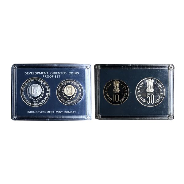 1979 Proof Set, Happy Child Nation’s Pride, set of 2, Rupees 10 and 50. In immaculate condi