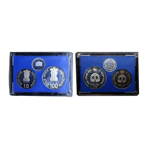 1982 Proof Set, IX Asian Games Delhi, set of 2, Rupees 10 and 100. In near immaculate condition, wit